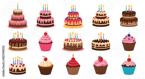 A large collection of colorful birthday cakes and cupcakes with candles and various toppings in a flat cartoon vector style.