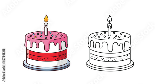 Pink birthday cake with dripping frosting sprinkles and one lit candle shown in a colored version and a coloring book outline.