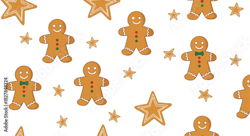 Seamless Christmas pattern with cute gingerbread man cookies and stars on a white background for festive holiday wrapping paper.