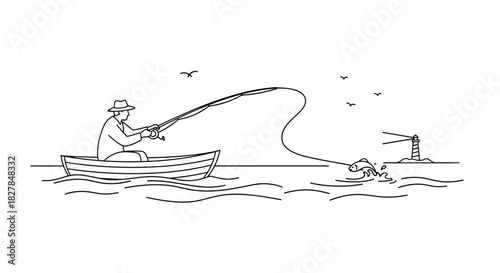Minimalist line art scene of a fisherman in a boat catching a big fish with a lighthouse in the background on the sea.
