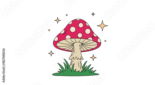 A whimsical red and white polka dot toadstool mushroom with sparkling stars in a groovy retro 70s cartoon vector style.