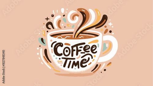 ILLUSTRATION IMAGE OF A COFFEE CUP WITH AN ENERGETIC ABSTRACT FEEL, PINK BACKGROUND