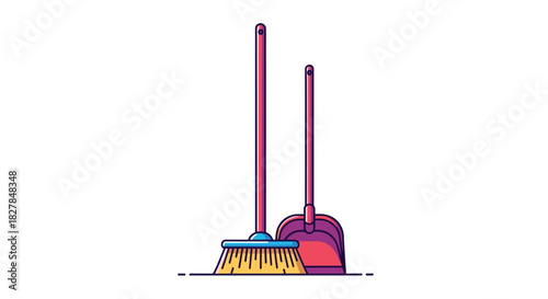 A simple vector icon of a cleaning broom and dustpan set in a modern flat design style with clean outlines on white.