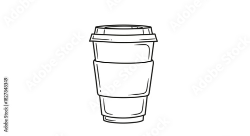 A simple black and white line art drawing of a disposable coffee cup to go with a lid and a protective cardboard sleeve.