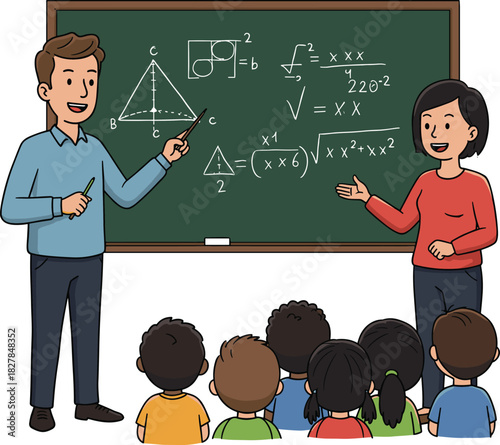 Cartoon classroom math lesson, teachers explaining equations and geometry on chalkboard with students seated on floor, education teamwork illustration design