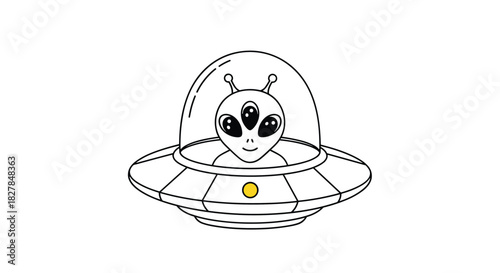 A simple line art drawing of a friendly three-eyed alien piloting a flying saucer in a cute cartoon doodle vector style.