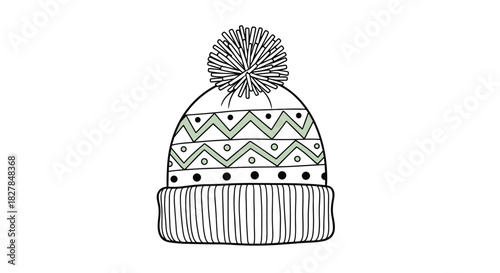 A hand-drawn winter beanie hat with a pom-pom and a cute geometric pattern in a simple black and white coloring page style.