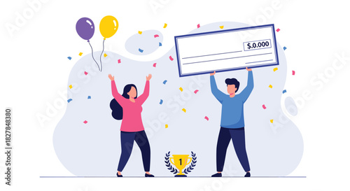 Cheerful man and woman celebrate a victory with confetti and balloons while the man holds up a giant novelty check for their winnings.