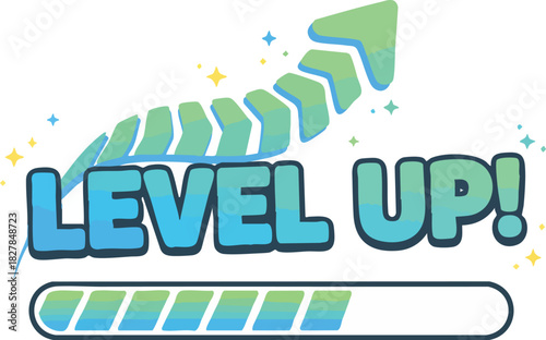 Progress Bar with Level Up Text and Growth Arrow for Achievement
