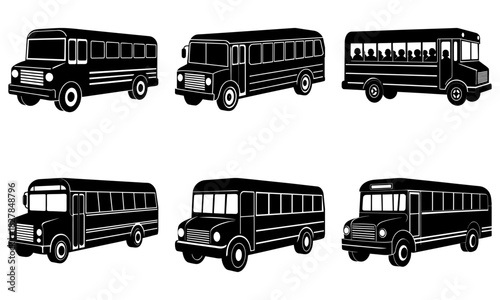 Collection of classic school buses for educational resources and transportation themes, originally a scalable vector graphic design for flexible use