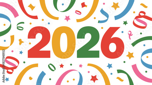 Happy New Year 2026 Celebration Festive Background with Confetti and Ribbons