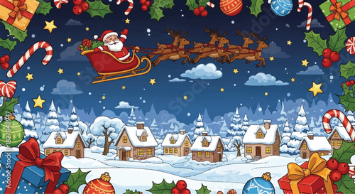 Santa Claus flying in his sleigh pulled by reindeer over a snowy village at night.