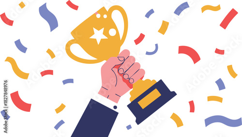 Triumph Illustration of Hand Holding Golden Trophy with Confetti Showering Down in Celebration