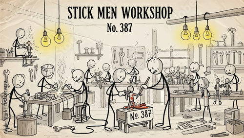 Stick figures working in a workshop creating a toy.