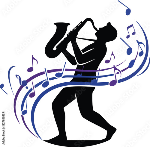 Silhouette Musician Playing Saxophone with Swirling Musical Notes