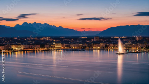 Genevas iconic fountain gracefully illuminated against the twilight sky.