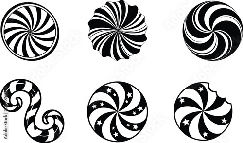 Candy swirl icons, festive sweets, star pattern treats, holiday silhouette, striped cane, decorative snack, flat vector