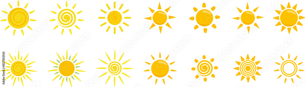 Fototapeta premium Collection of stylized golden sunburst patterns on a white background