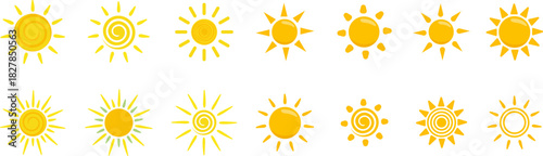 Collection of stylized golden sunburst patterns on a white background