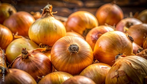 A close-up shot fills the frame with a bounty of light brown and yellow onions, some with their papery skins peeling, creating a textured, rustic display of fresh produce.