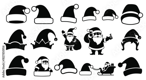 Bold black Santa hat shapes, presented as 2D flat graphic icons, create striking Christmas silhouettes isolated on a clean white background, symbolizing winter festivities.