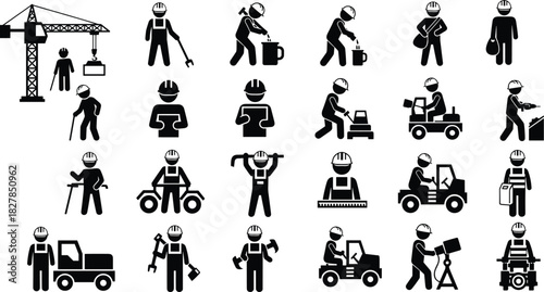 : Construction Worker Industrial Occupation Stick Figures Pictogram Set for Engineering, Building, Road Maintenance, Heavy Machinery Operation, and Manual Labor Job Icons