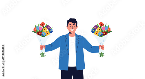 A smiling young man in a blue jacket holds two vibrant bouquets of colorful flowers, one in each hand, offering a cheerful gesture on a white background.