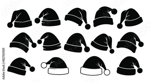Elegant black Santa hat silhouette set, showcasing various festive shapes in a sophisticated, minimalist flat 2D vector illustration on a pure white background.