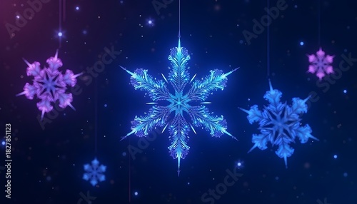 cyber neon snowflake pattern, electric blue and purple glow, dark background, modern futuristic winter theme, high contrast