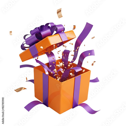 Orange gift box with purple ribbon exploding with confetti isolated on transparent background
