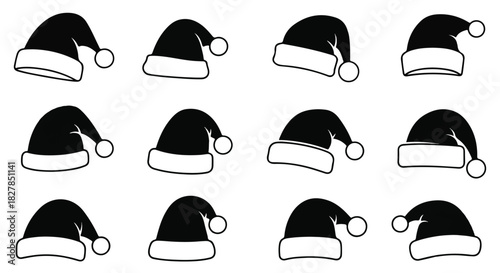 Festive black Christmas hat icons are displayed as smooth 2D flat silhouette illustrations, isolated cleanly against a bright white background, conveying the spirit of winter holidays.