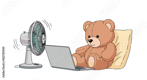 A cute brown teddy bear sits comfortably with a pillow, diligently using a laptop while a cooling fan oscillates to provide a refreshing breeze.