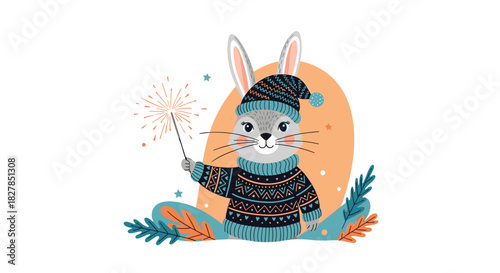 Adorable cartoon rabbit wearing a cozy patterned winter sweater and pompom hat, happily celebrating with a glowing sparkler in a festive winter scene.