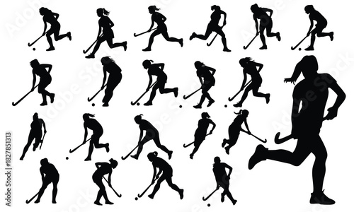 Set of Female Field Hockey Player Silhouettes, silhouettes, vector, illustration.