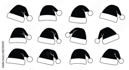 Collection of simple black Santa hat silhouettes rendered as flat 2D vector illustrations, isolated against a clean white background, representing minimal holiday symbols.