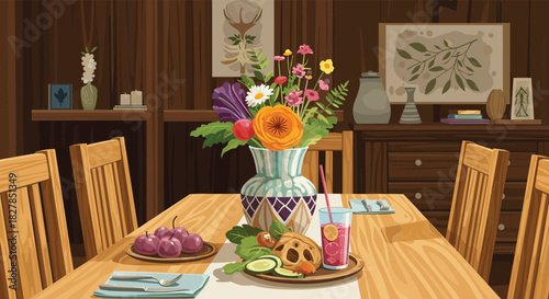 A delightful pixel art illustration of a cozy dining room, showcasing a wooden table set with a vibrant flower arrangement, a healthy meal, and fruit.