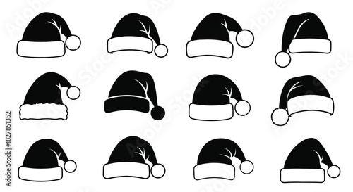 Black Santa Claus Christmas hat silhouette vector icons are displayed in a minimal set, featuring varied shapes suitable for simple holiday graphic projects on a pure white background.