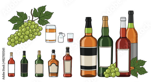 A comprehensive collection of alcoholic beverages, featuring a variety of wine, whiskey, and liquor bottles alongside fresh green grapes, isolated on a white background.