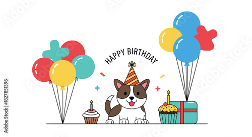 A cheerful illustration depicting a cute puppy wearing a party hat, surrounded by colorful balloons, cupcakes, and a gift, celebrating a happy birthday.