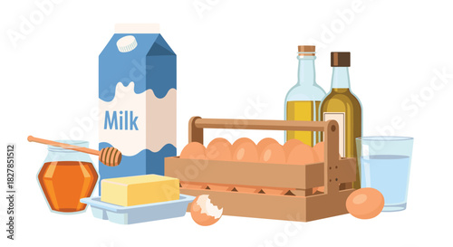 An assortment of fresh baking and breakfast ingredients, including milk, eggs, honey, butter, and cooking oils, arranged on a white background.