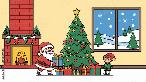Santa Claus and an elf placing presents under a decorated Christmas tree in a cozy room, a festive holiday vector illustration