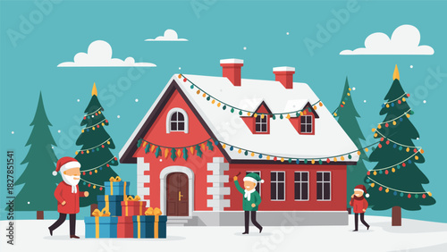 A charming vector illustration of Santa Claus and helpers preparing for Christmas, decorating a snowy house with lights and presents