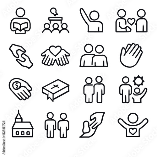 Set of Simple Social and Community Icons Embrace, Volunteer, Support, and Love