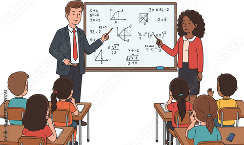 Cartoon classroom math lesson, teachers explaining equations on whiteboard with students studying at desks, education teamwork illustration design