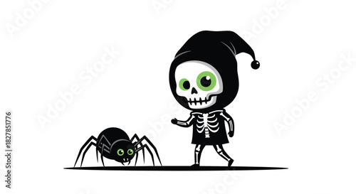 A whimsical cartoon skeleton child with bright green eyes, wearing a black hooded robe, walks playfully with a cute black spider.