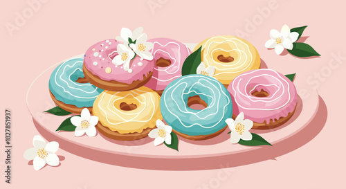 An inviting collection of pastel donuts with sweet icing and sprinkles, elegantly decorated with fragrant jasmine blossoms on a round pink plate.