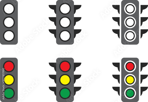 Collection of traffic lights showing different light combinations