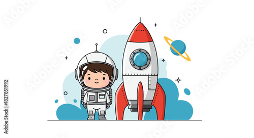 A cute cartoon astronaut boy stands proudly next to a red and white rocket, ready for a space adventure among planets and stars.