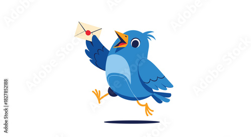 A cheerful blue cartoon bird is actively running while holding a small, sealed letter in its wing, ready to deliver a message.