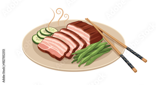 A delicious serving of hot sliced pork belly with fresh cucumber and green beans, accompanied by traditional chopsticks, on a plate.